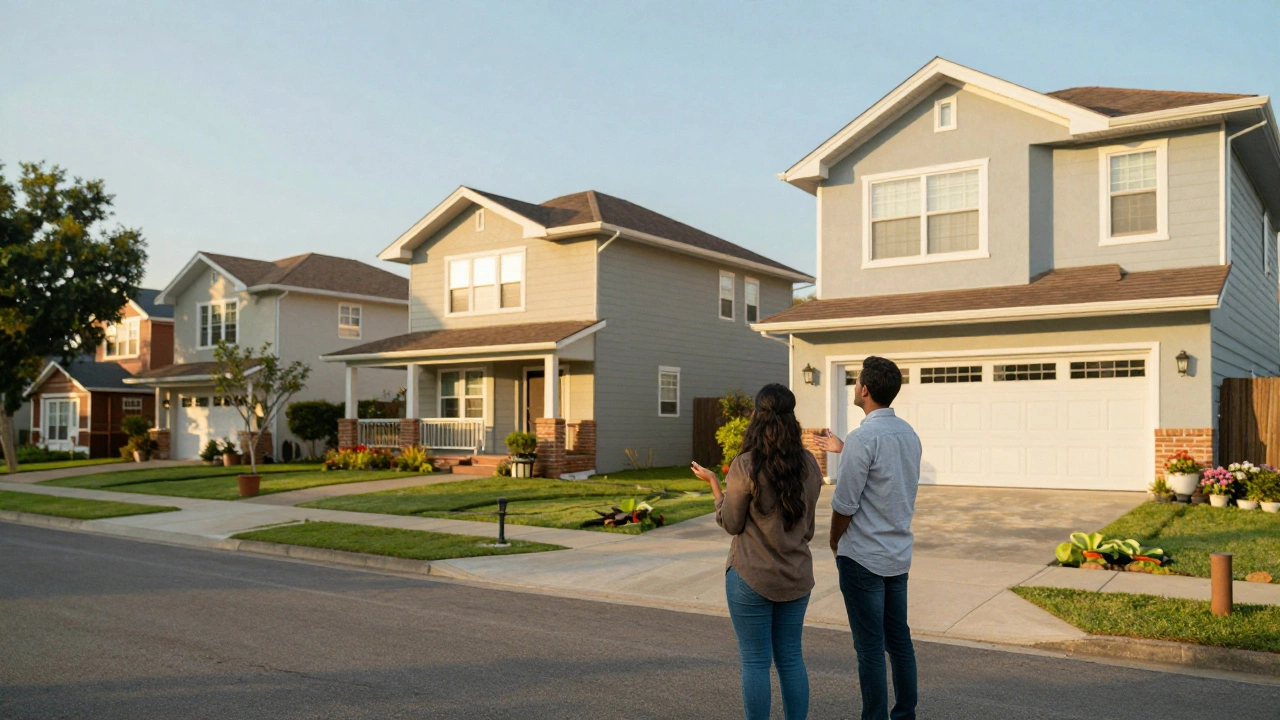 A couple discussing home options in a suburban Indian neighborhood.