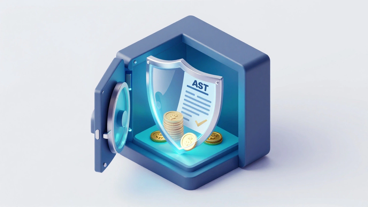 A digital shield protecting a deposit of coins and a legal contract.