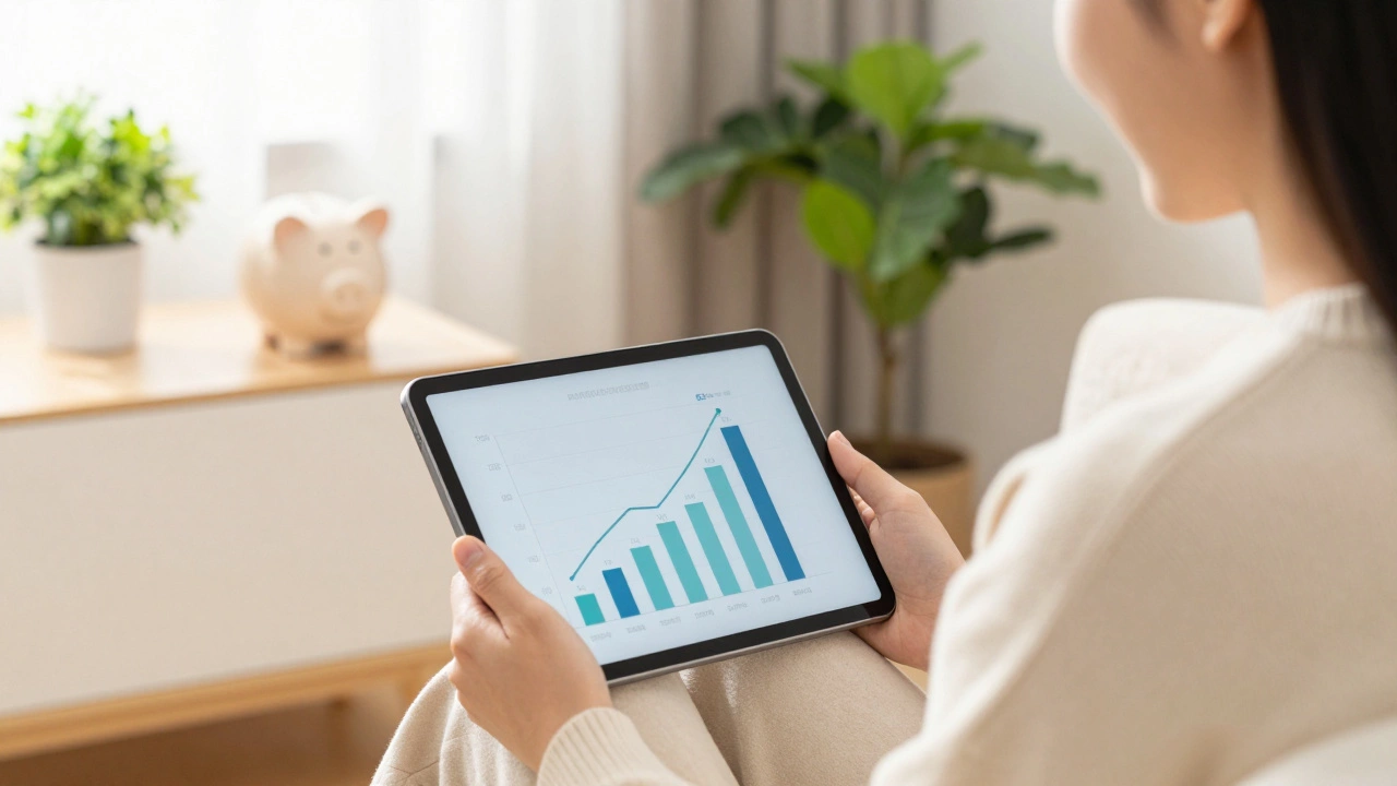 A relaxed person reviewing a growing savings chart in a bright room.