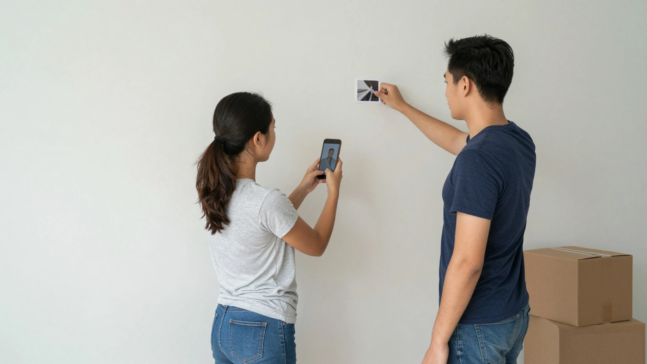 A tenant showing a photo on a phone to a landlord during a room inspection.