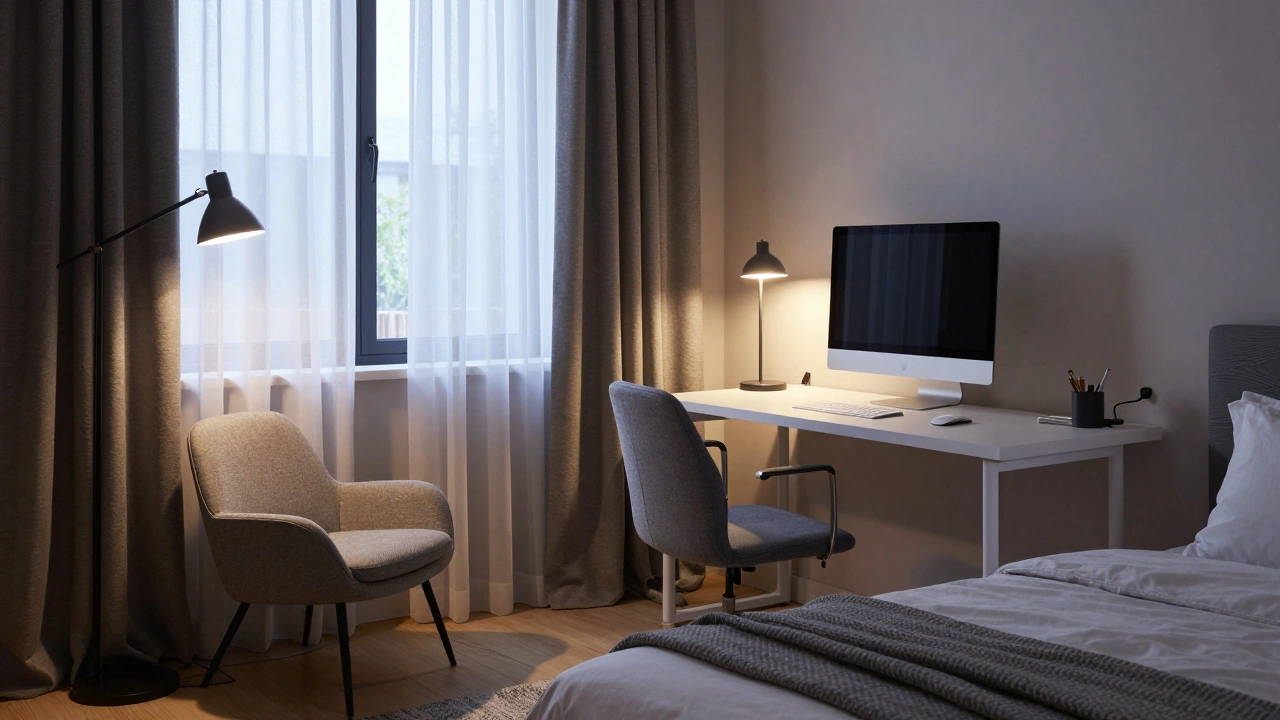 A well-organized home office and reading nook in a spacious second bedroom