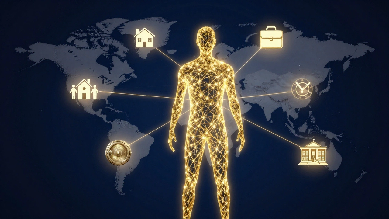 Abstract visualization of a person connected to home, work, and family across a world map.