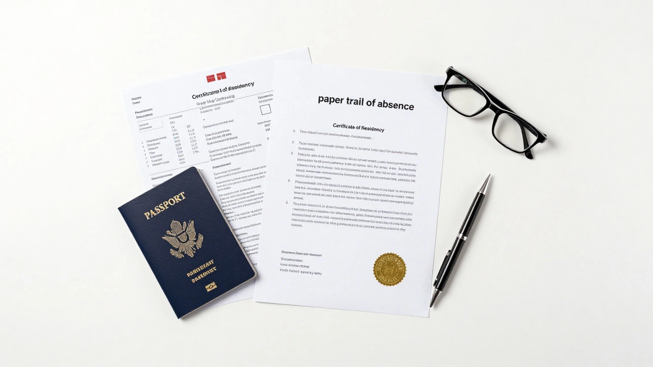 Flat-lay of a passport, residency certificate, and bills used to prove non-resident status.