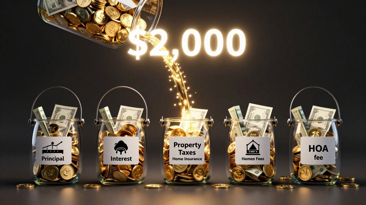 Glass buckets filling with gold coins representing mortgage cost components.