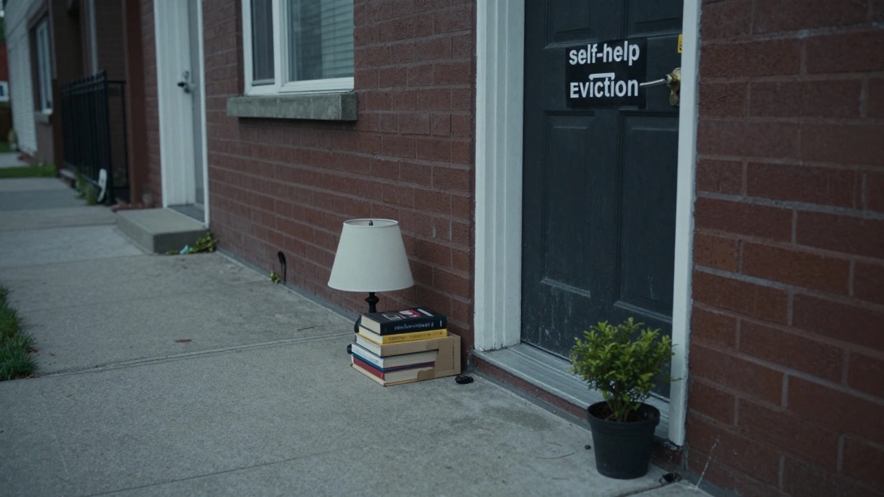 Household items left on a sidewalk next to a locked residential door.