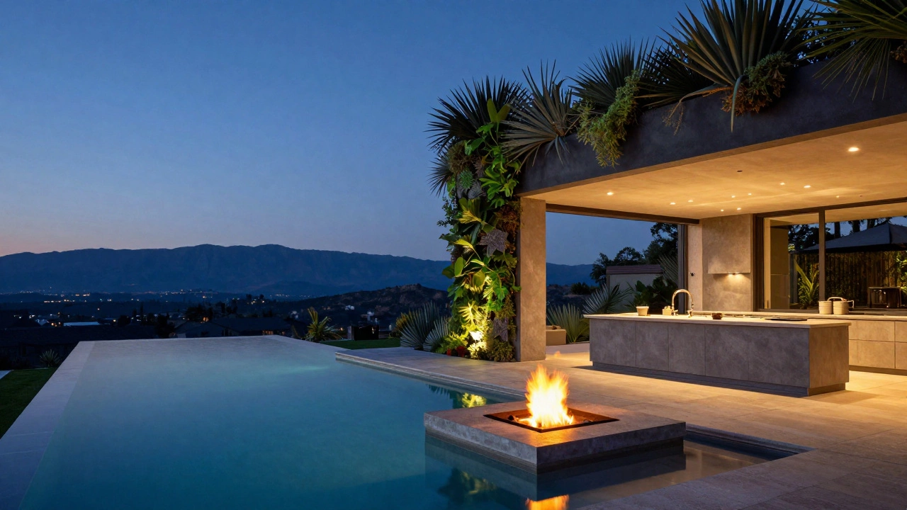 Modern villa outdoor area featuring an infinity pool and a sunken fire pit at dusk.