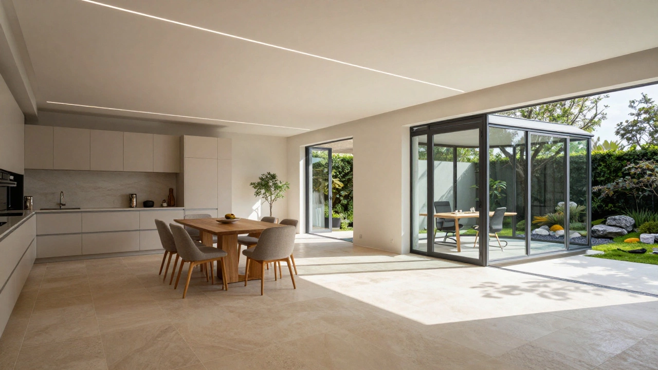 Open concept interior of a modern villa showing a great room and a detached glass office pod.