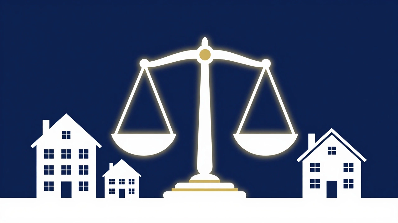 Stylized scales of justice balanced over various types of residential housing.