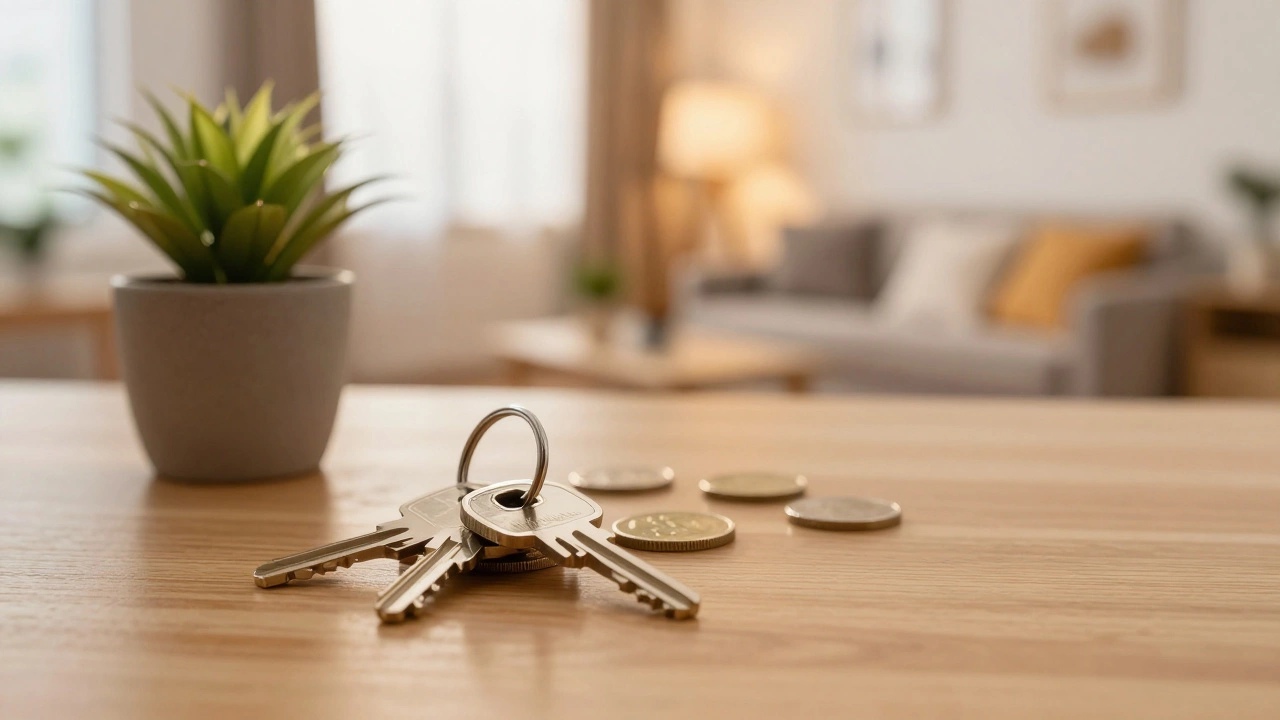 Apartment keys and coins on table with cozy background