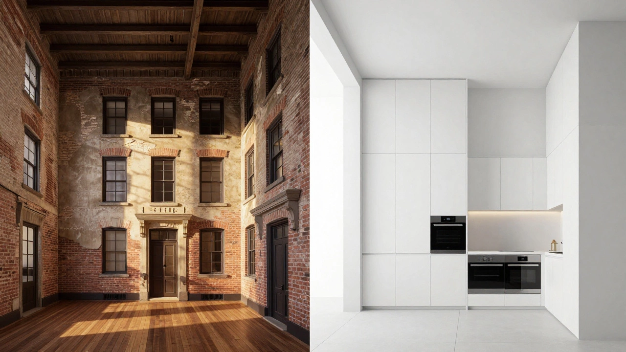 Comparison of old brick apartment with high ceilings vs new minimalist efficient unit