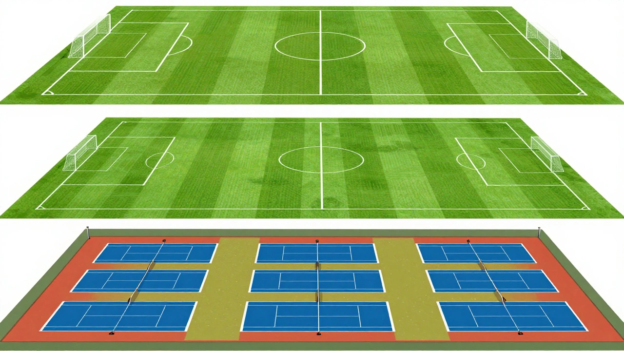 Comparison of soccer, rugby, and tennis court sizes within an acre of land
