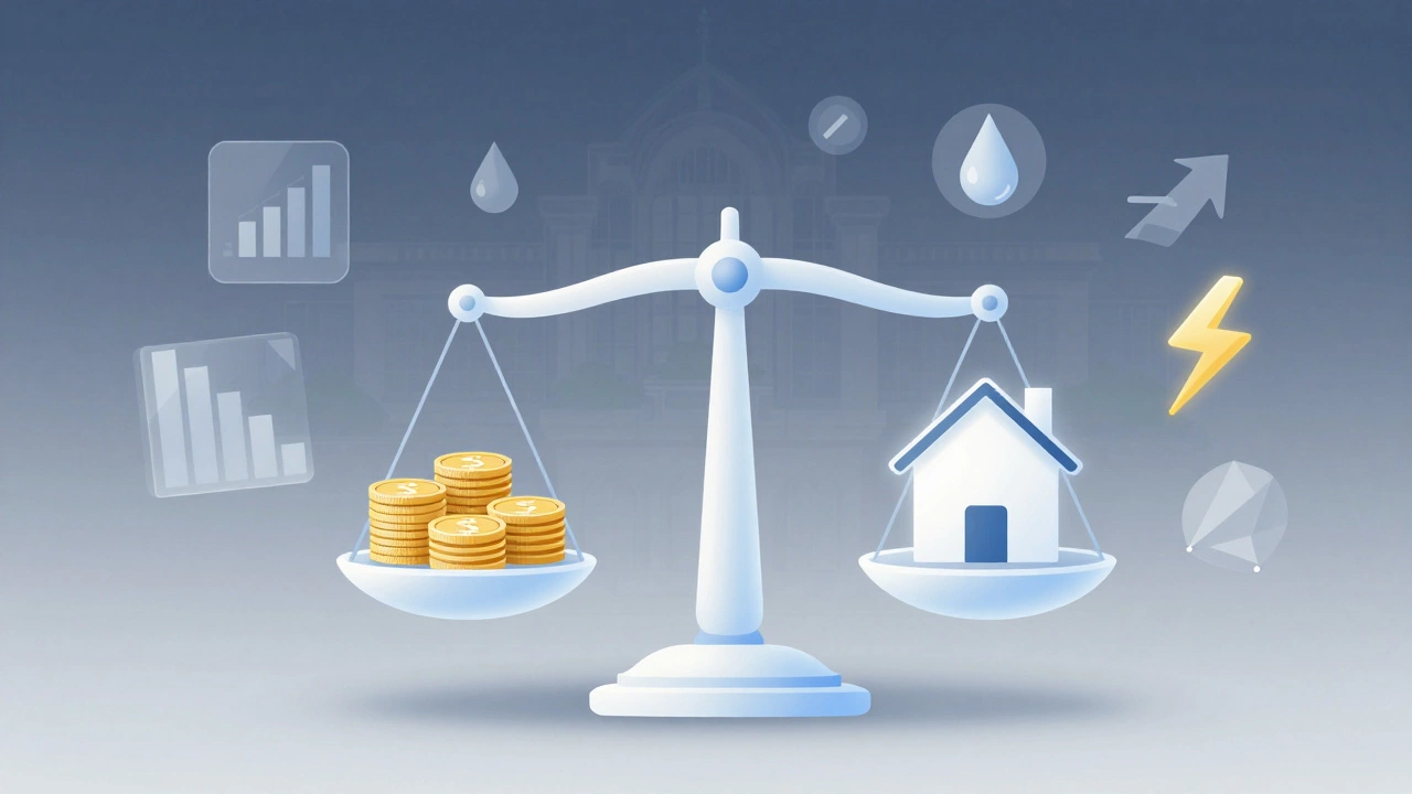Conceptual illustration of housing cost calculations with scales and icons