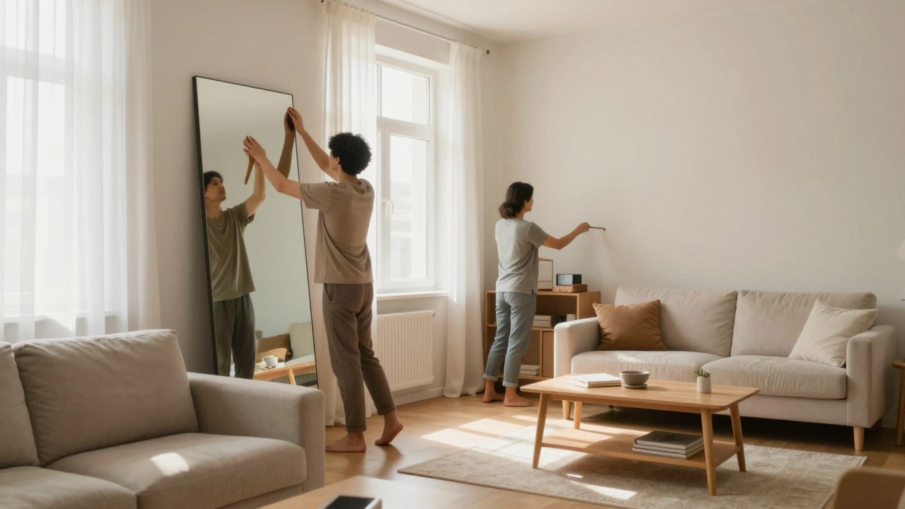 Couple arranging mirrors and light furniture to make a small apartment feel larger