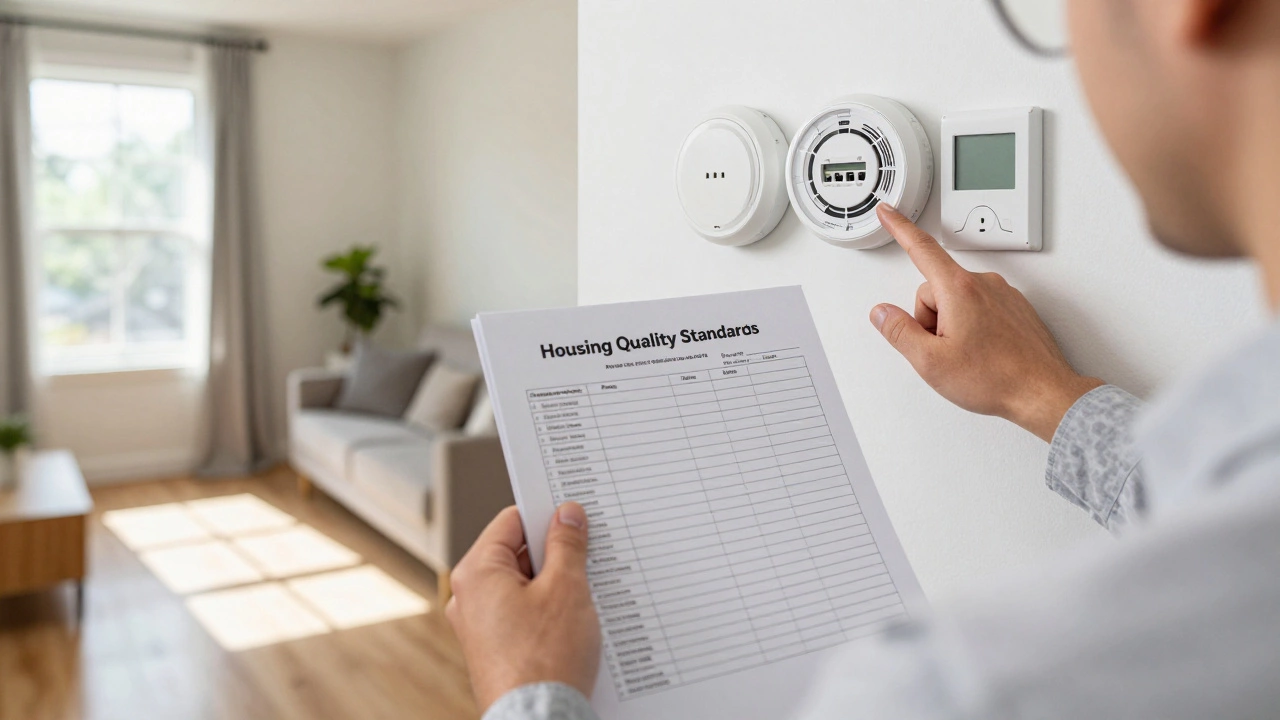 Inspector checking safety features during a housing quality standards visit