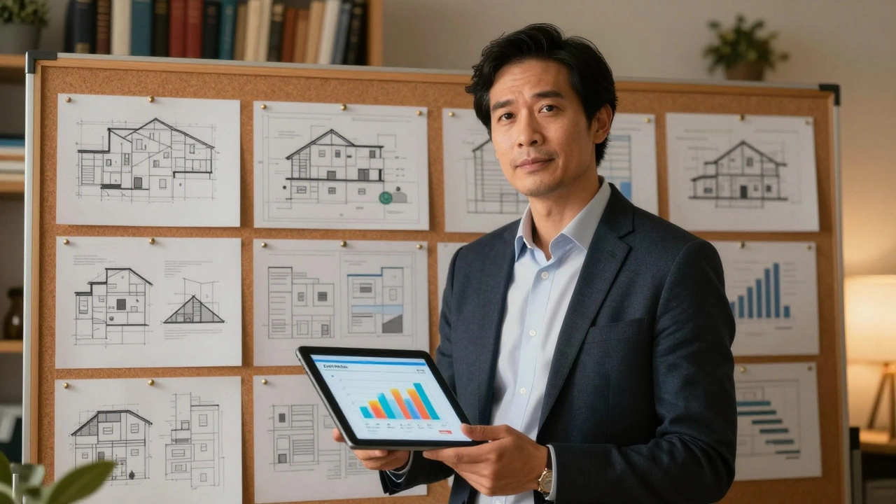 Investor reviewing property blueprints and financial metrics on a tablet