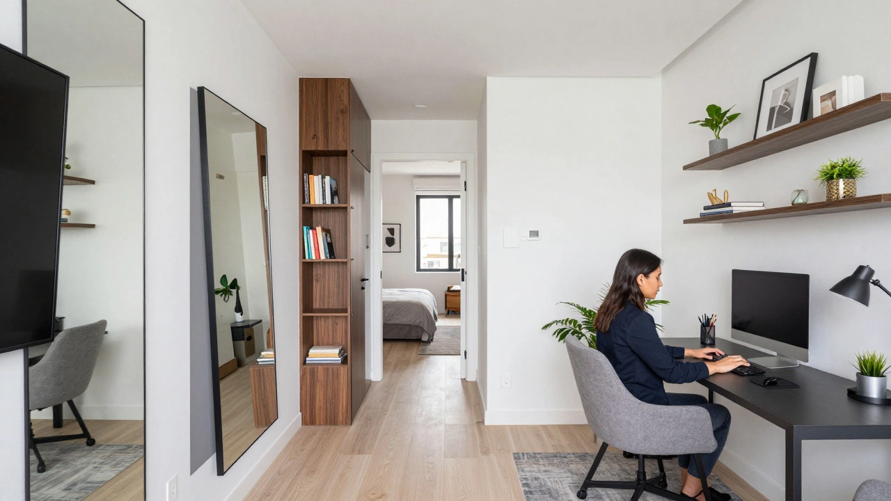Optimized 1H apartment layout featuring vertical storage and a workspace