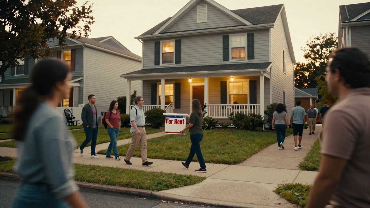 People viewing a suburban home for rent with a real estate agent