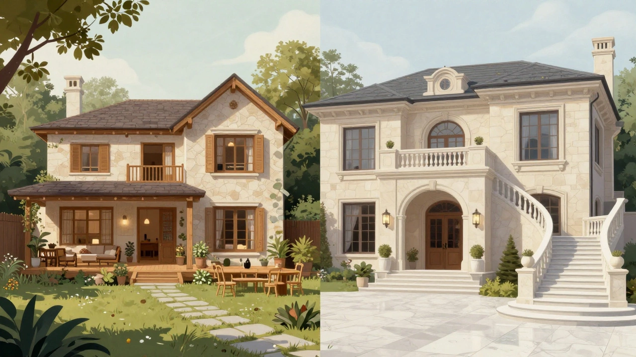 Split view contrasting an intimate villa with a grand formal mansion