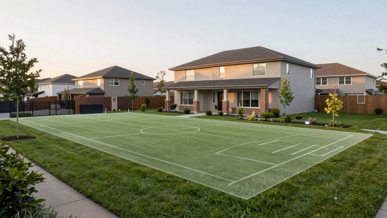 Suburban house on a half-acre lot showing limited backyard space relative to sports fields