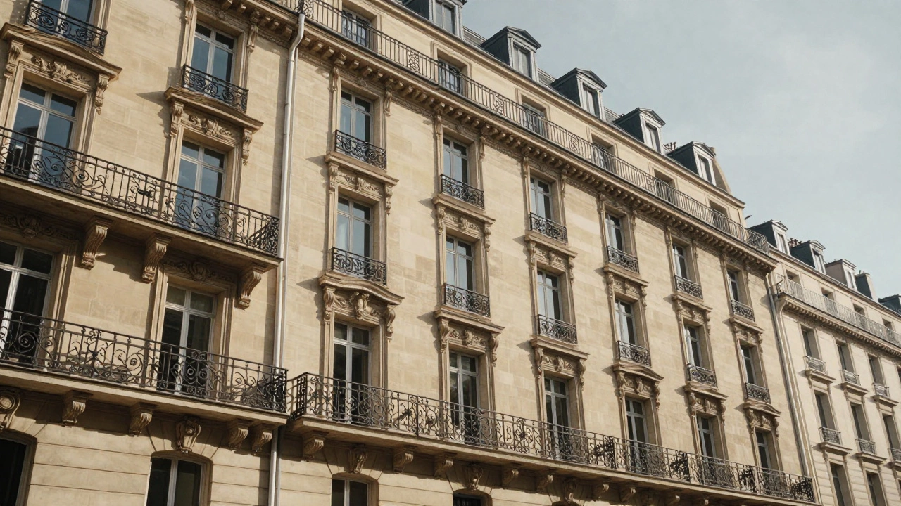 Sunlit facade of a classic European apartment building with balconies