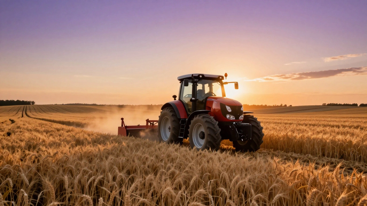 Tractor harvesting crops in a vast golden field at sunset