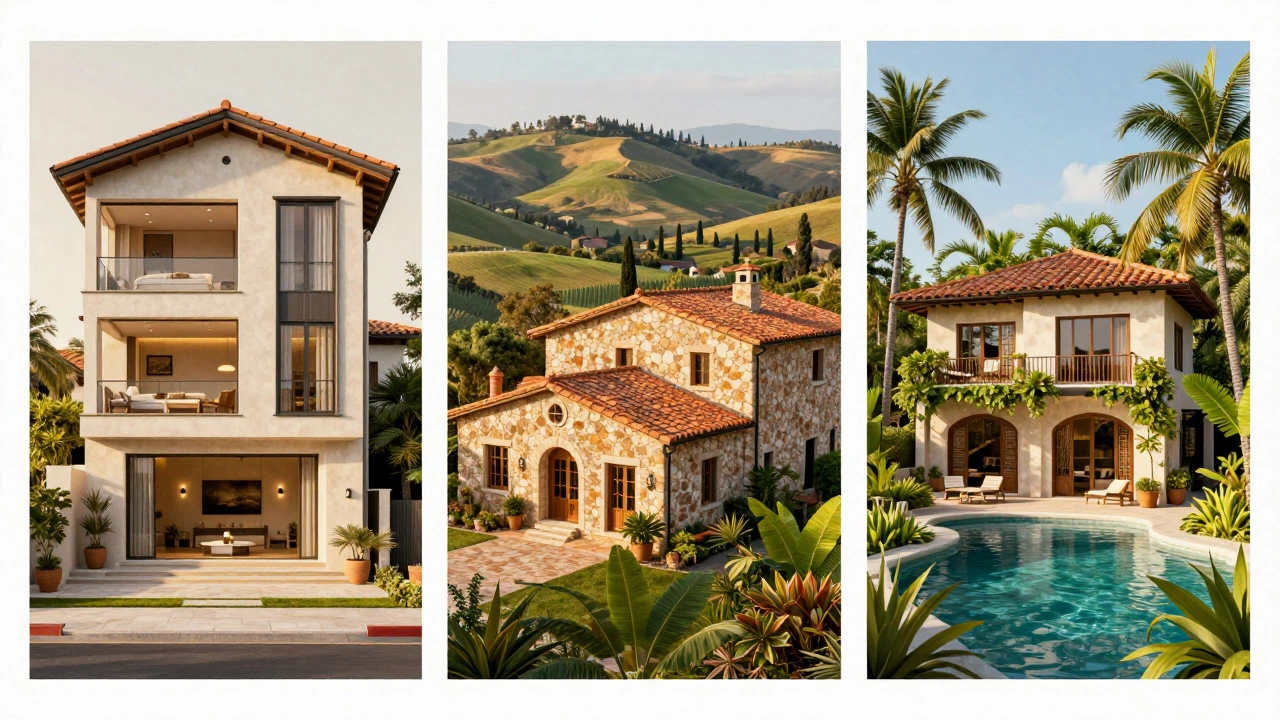 Triptych showing villa styles in LA, Tuscany, and Southeast Asia