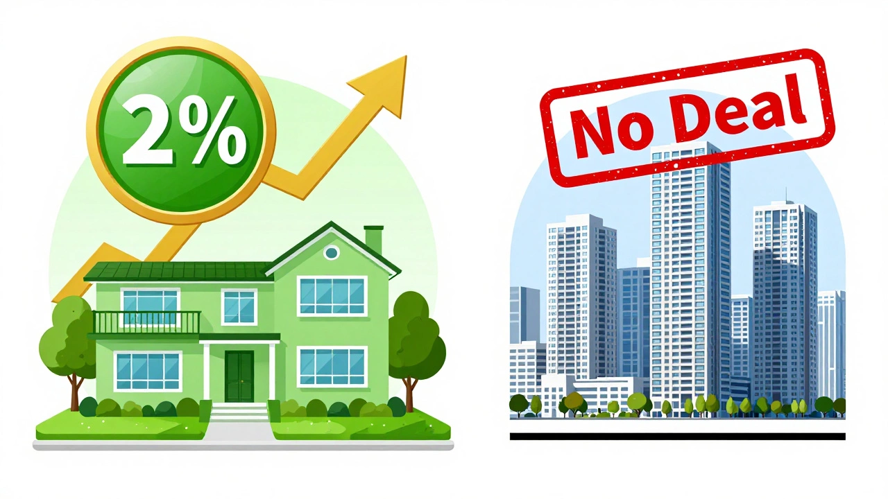 Visual comparison of high-yield suburban duplex vs low-yield urban apartment