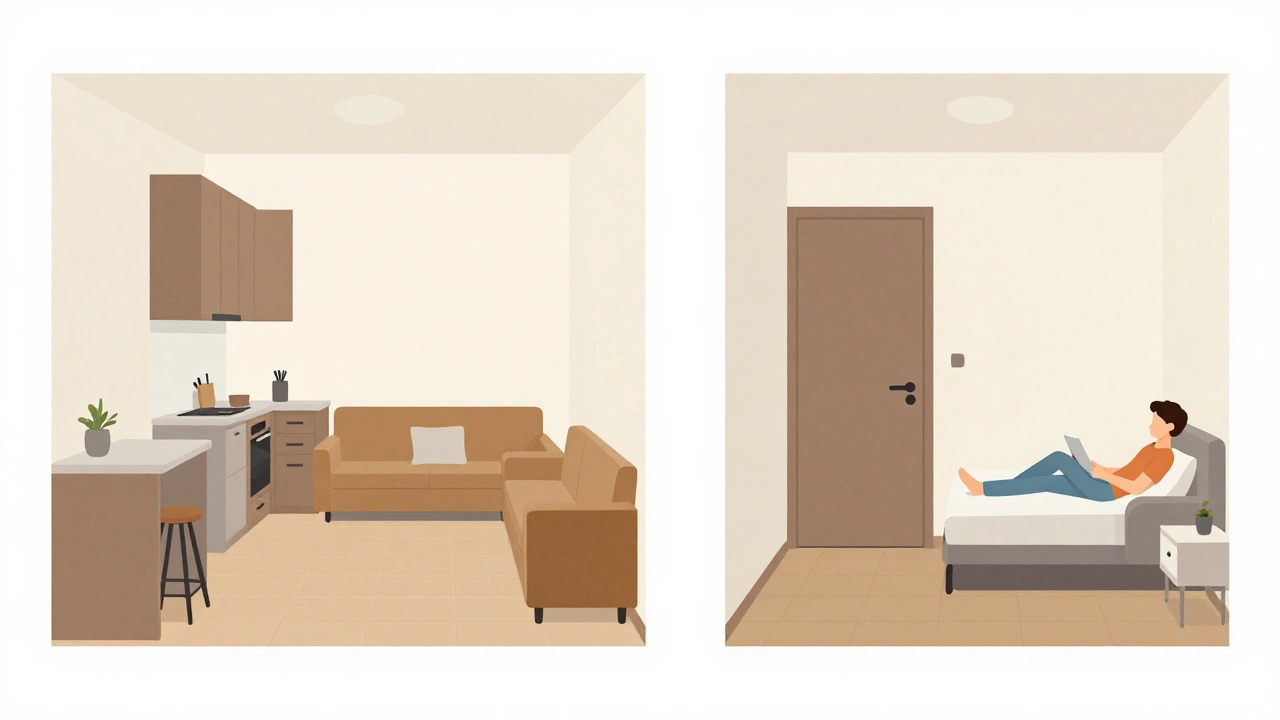 Visual comparison showing privacy benefits of a 1H apartment versus a studio