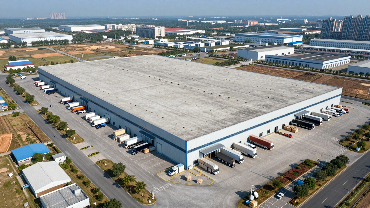 Aerial view of industrial warehouse with trucks at loading docks