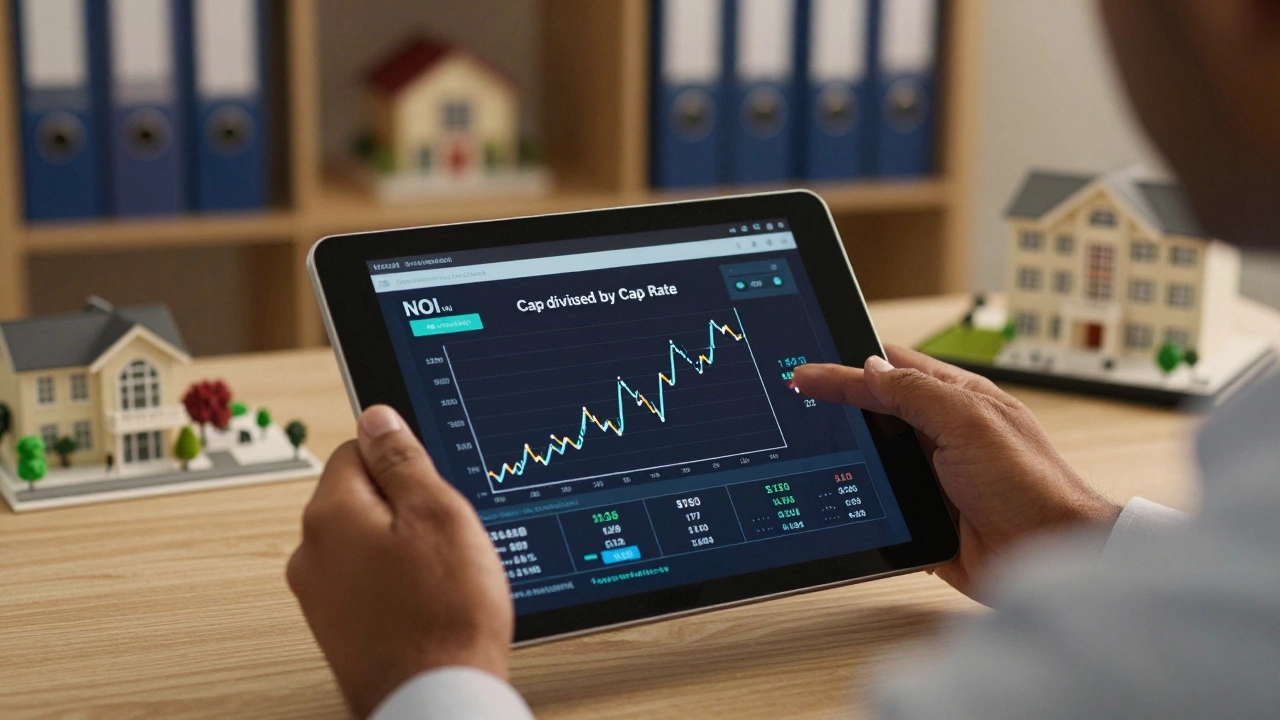 Appraiser analyzing cap rates and income data on a tablet for property valuation.