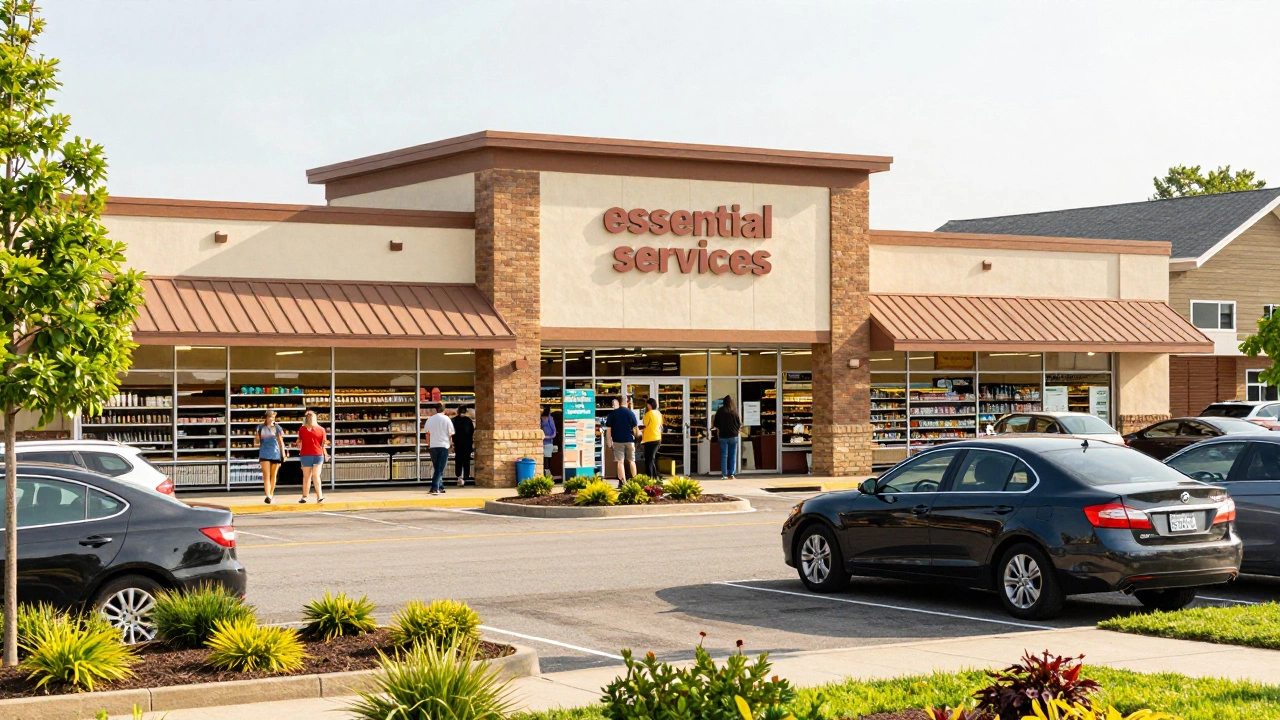 Busy neighborhood strip mall with grocery store and shoppers