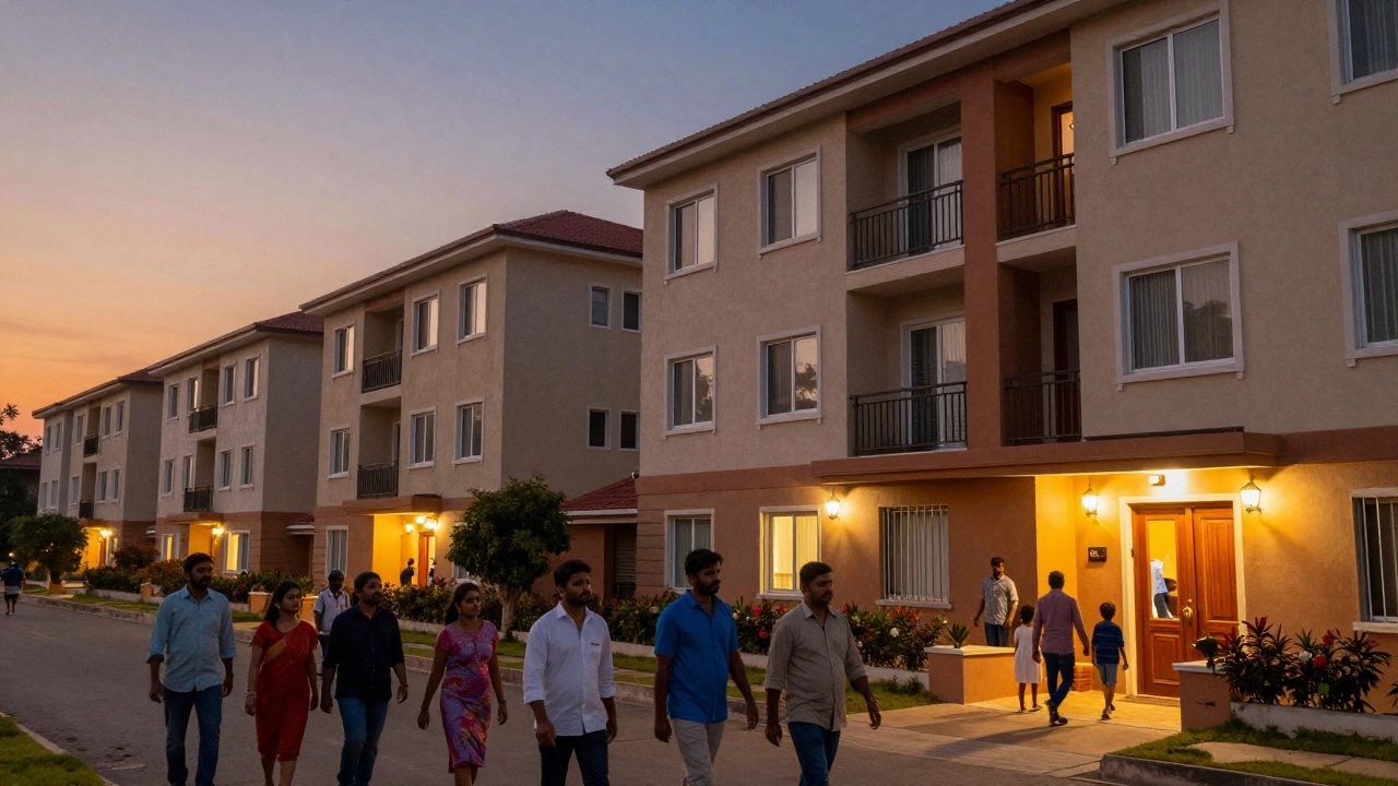 Families walking near mid-rise apartment complexes in an Indian neighborhood at dusk.