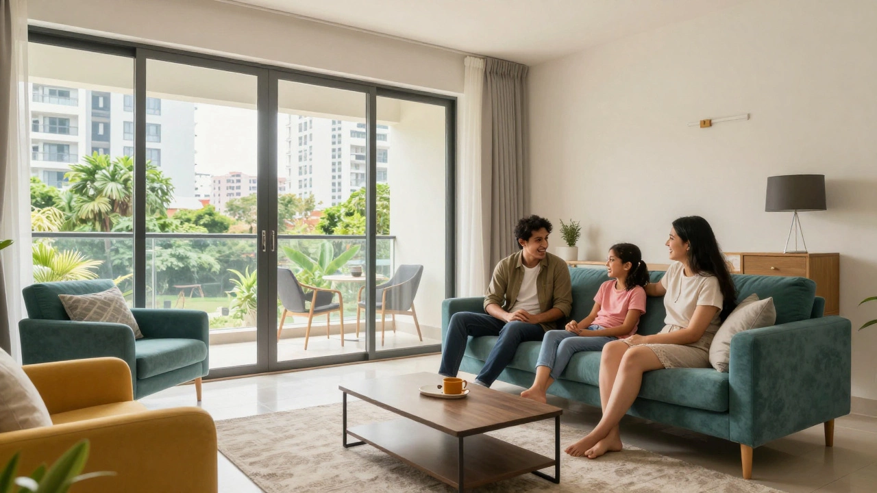 Happy family relaxing in a bright, modern 2BHK apartment living room with large windows