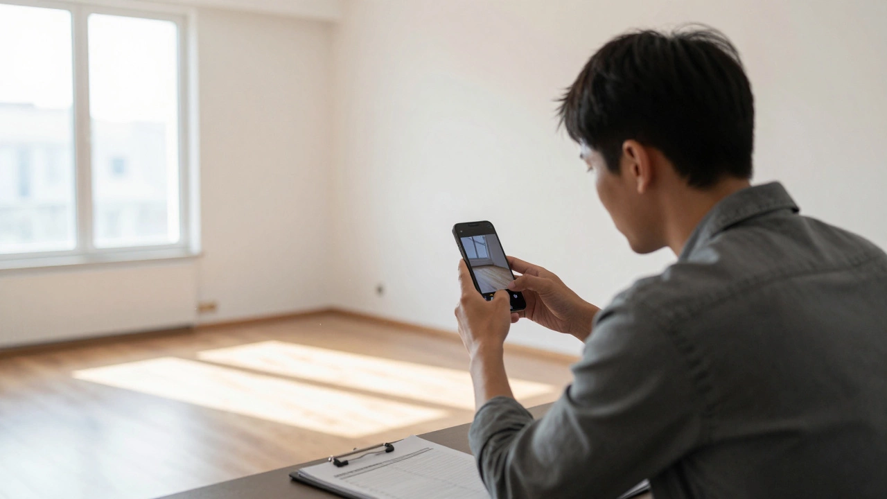 Person inspecting empty apartment interior with phone to verify listing authenticity