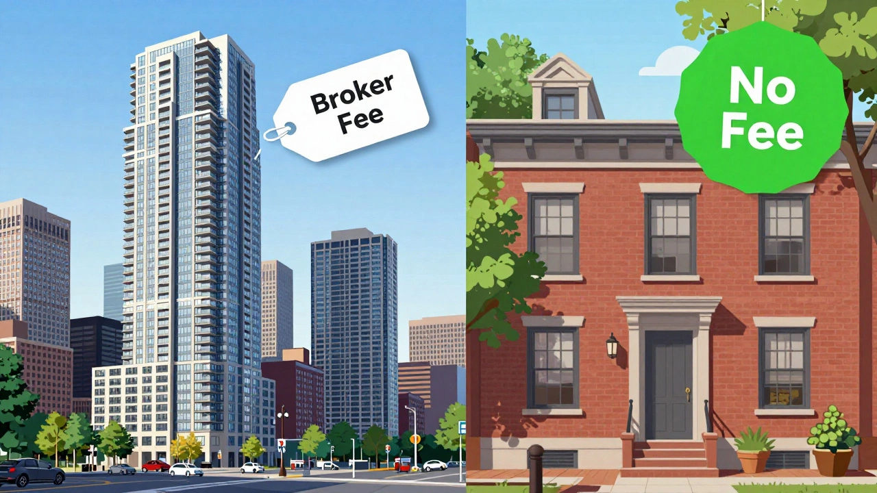 Split illustration comparing luxury brokered condos with affordable no-fee rentals