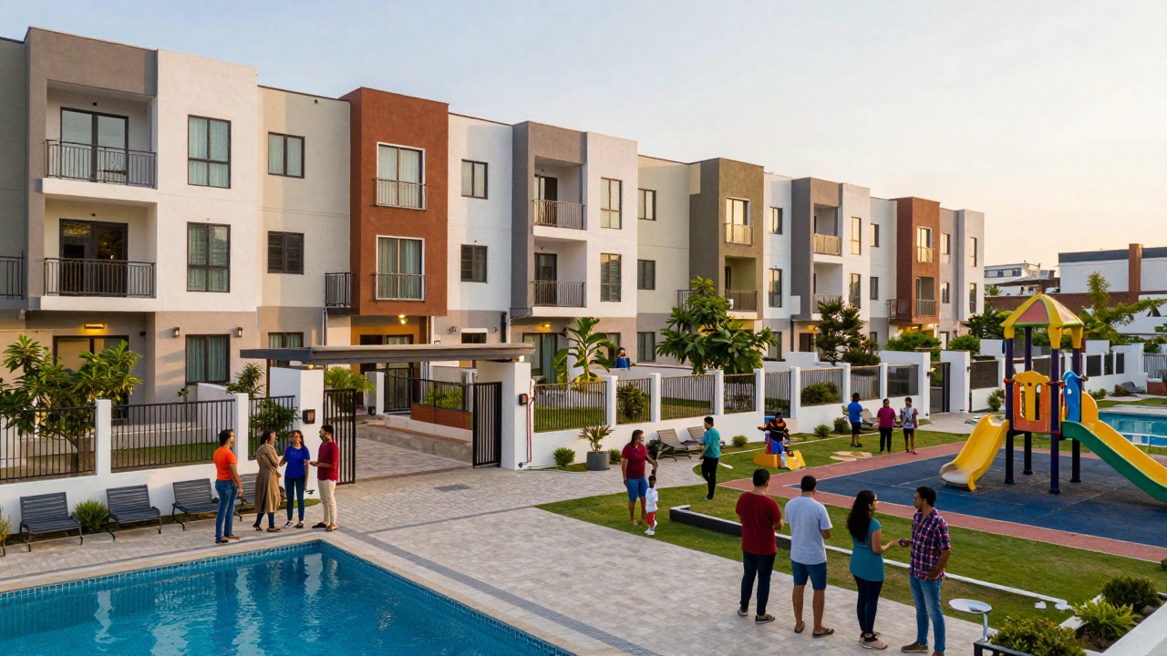 Vibrant townhouse community with pool and playground at sunset
