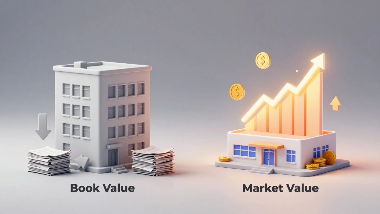Visual comparison showing the difference between book value and market value for buildings.
