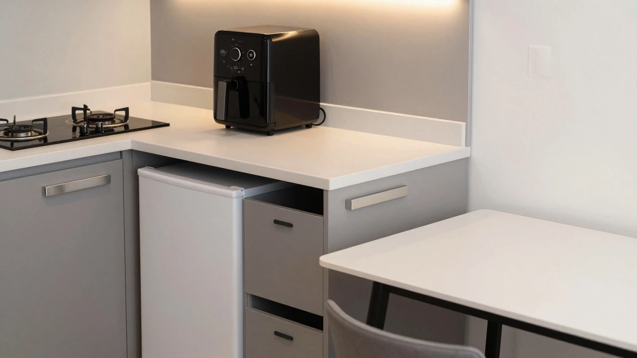 Compact kitchenette with multi-functional furniture and storage