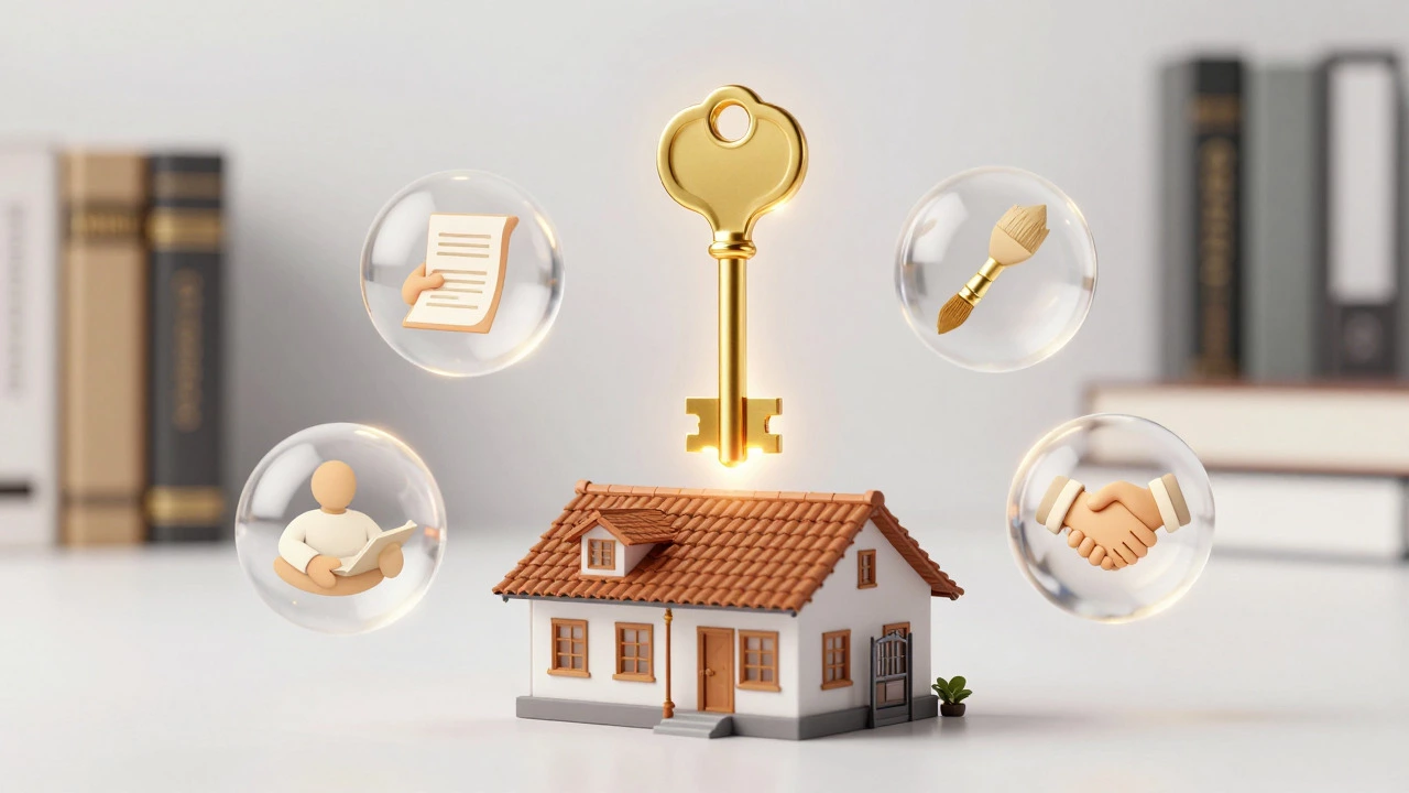 Golden key floating above a house model surrounded by orbs representing ownership rights