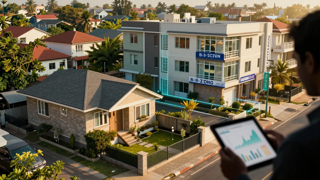 Indian neighborhood with single homes and apartments, overlaid with zoning and financial graphics