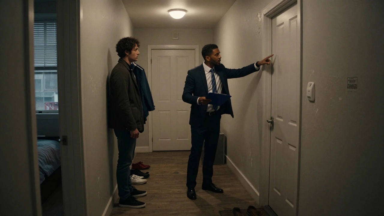 Landlord confronting tenant in narrow apartment hallway