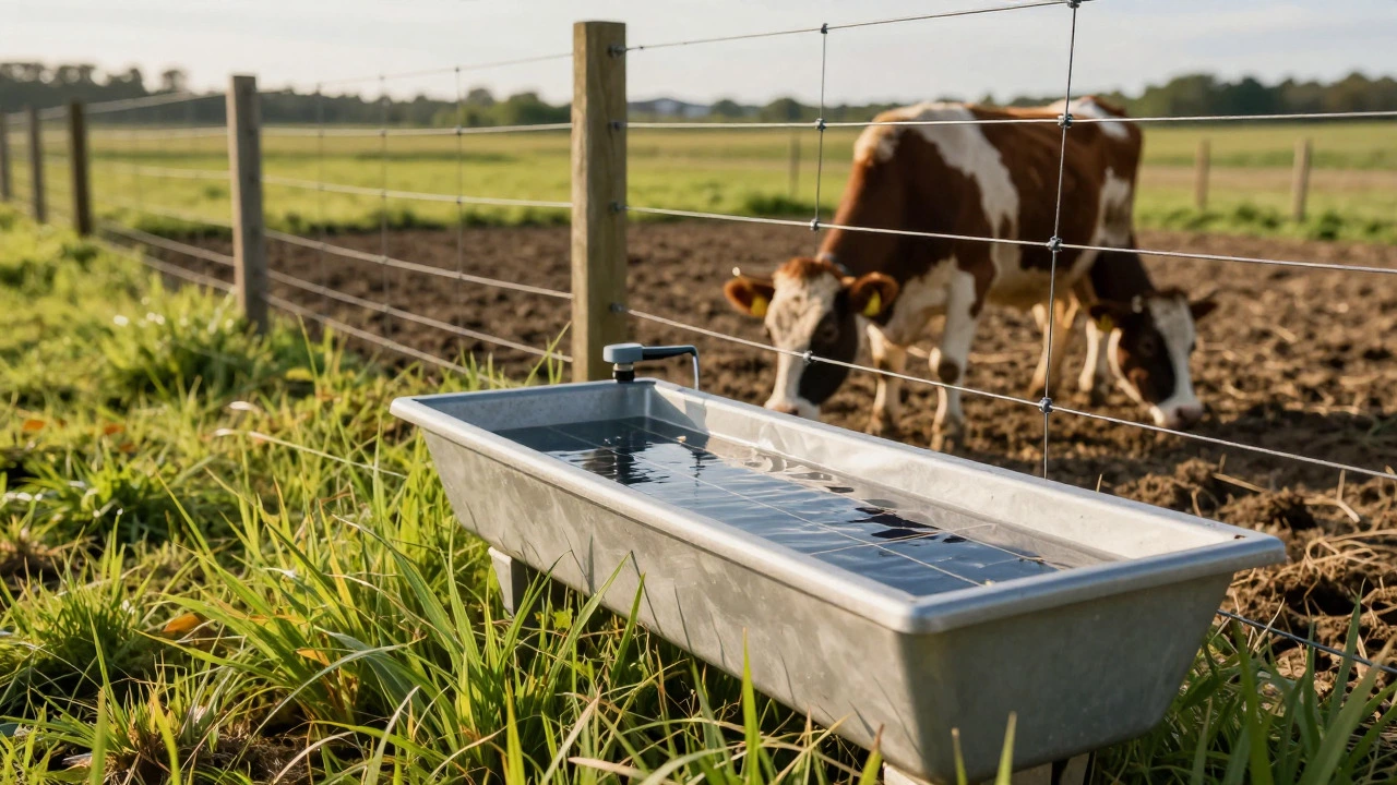 Solar water trough and fencing for cows on a small farm