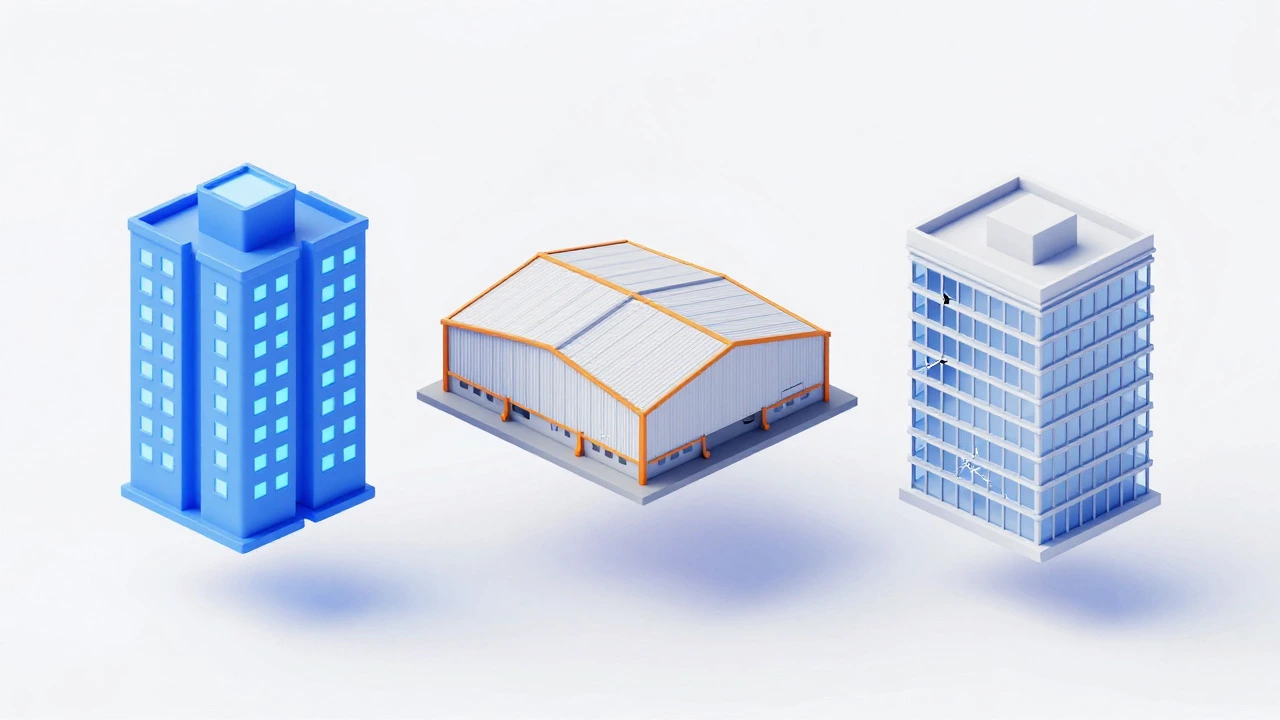 3D illustration comparing risk levels of apartments, warehouses, and office buildings.
