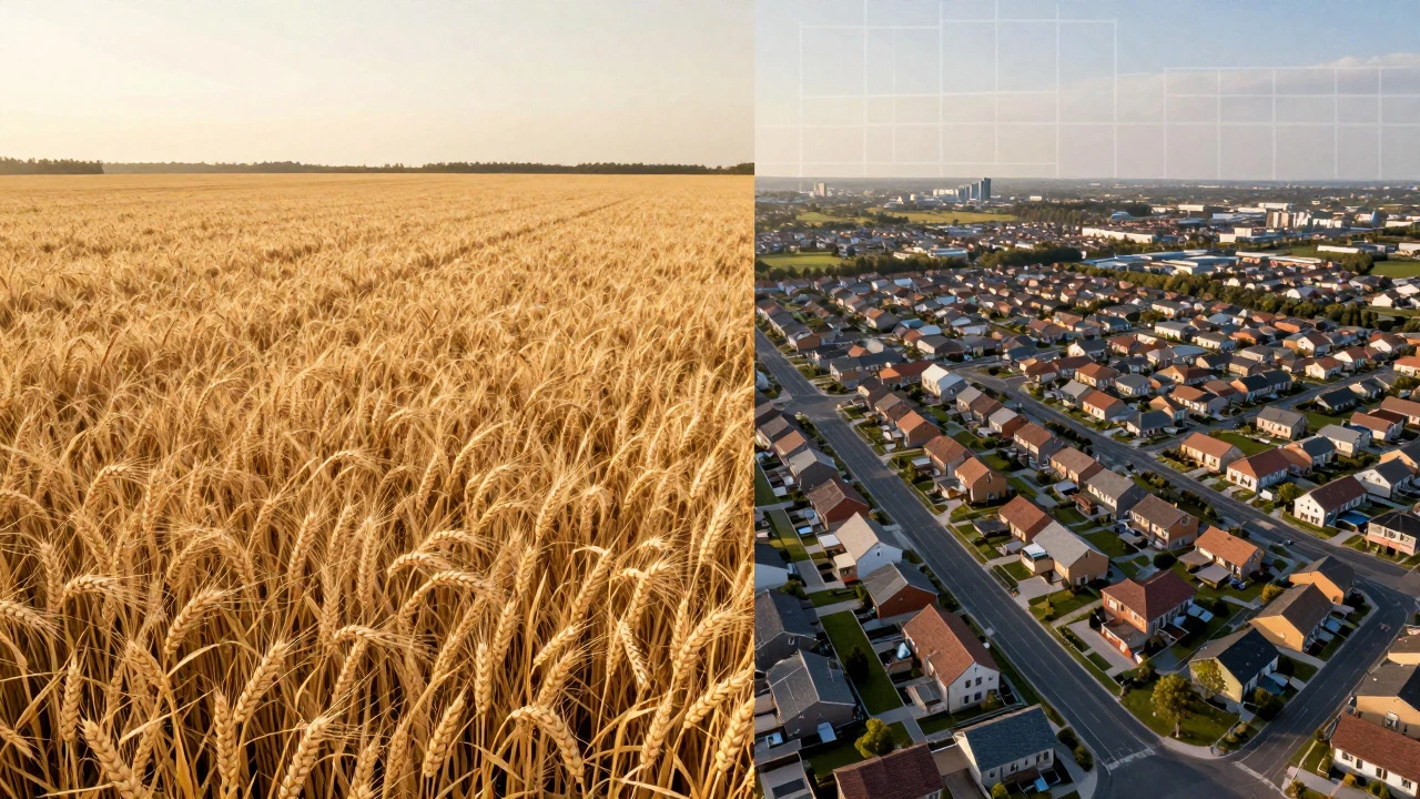 Comparison of agricultural crops and suburban housing on a 100-acre plot
