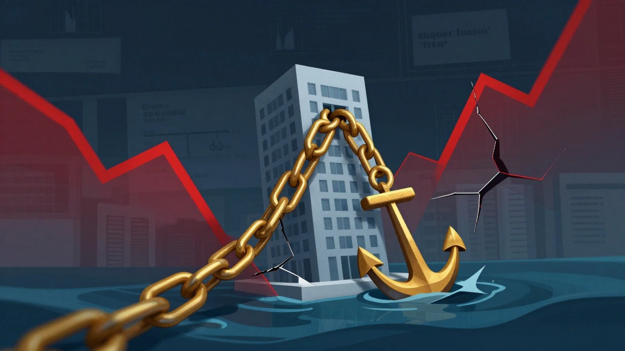 Conceptual art of a building chained underwater, representing liquidity traps and debt