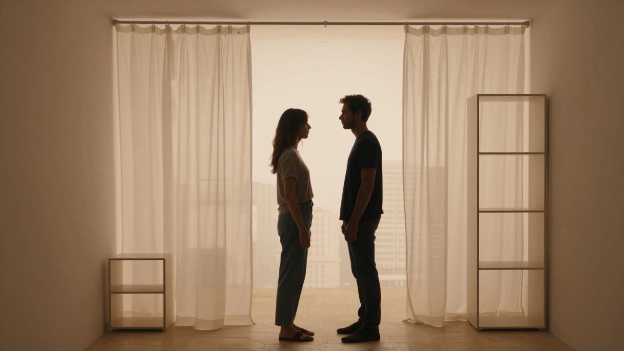 Couple in compact apartment using curtains for privacy