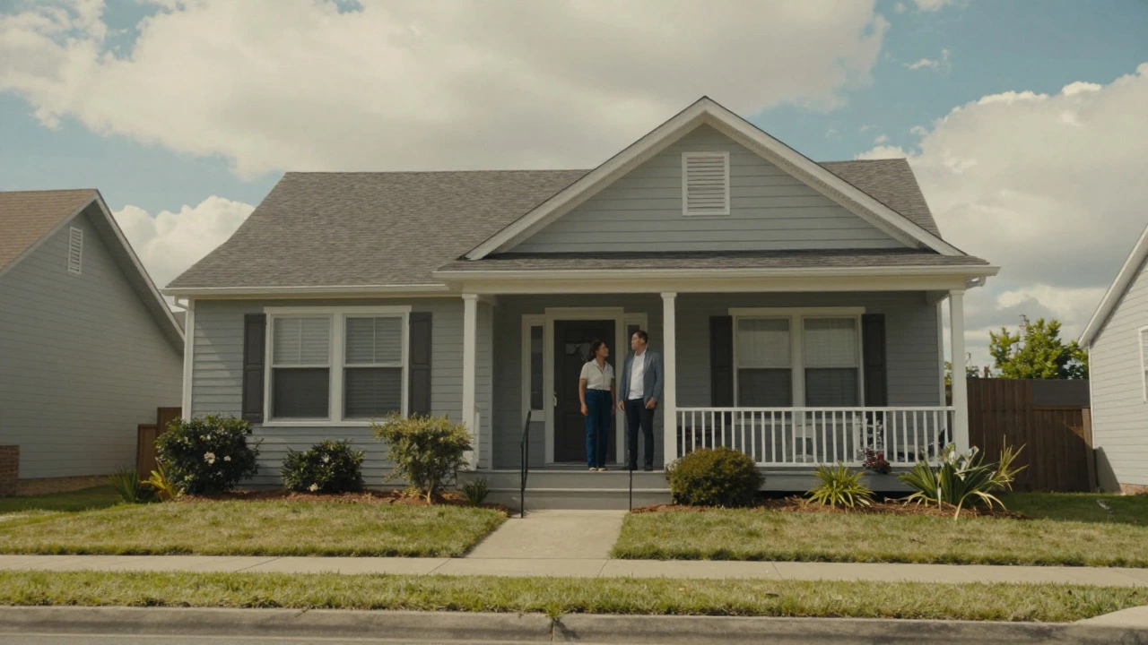 Couple standing on the porch of a suburban home looking hopeful