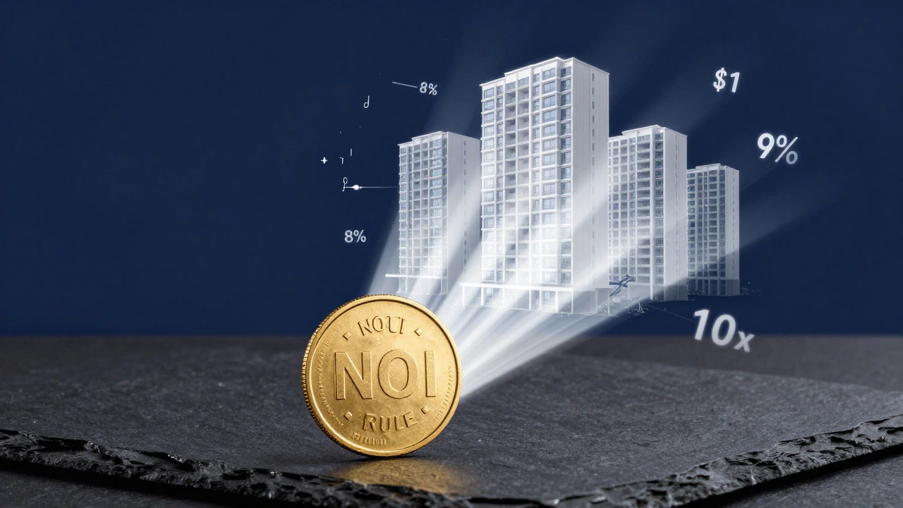 Golden coin projecting light into a commercial building model