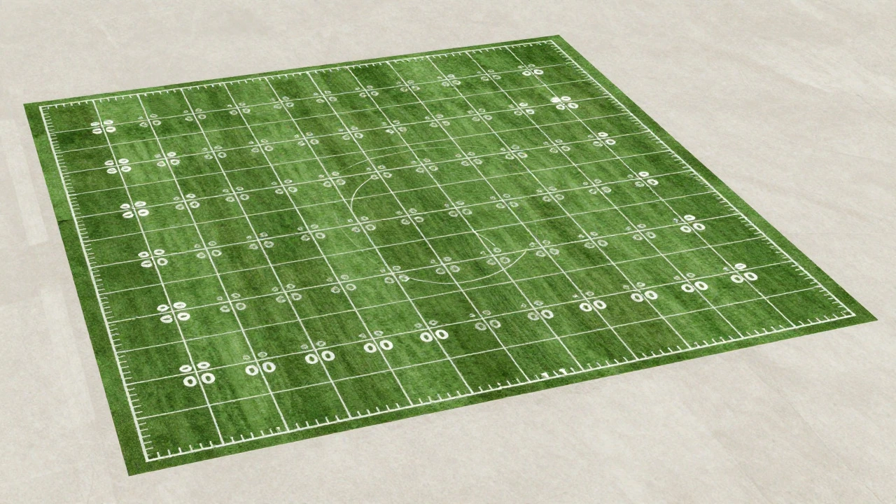 Grid of 75 football fields arranged to visualize the size of 100 acres