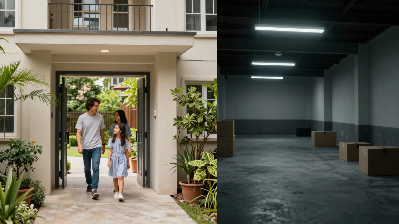 Split view comparing a bright residential entrance with a dim, empty commercial warehouse